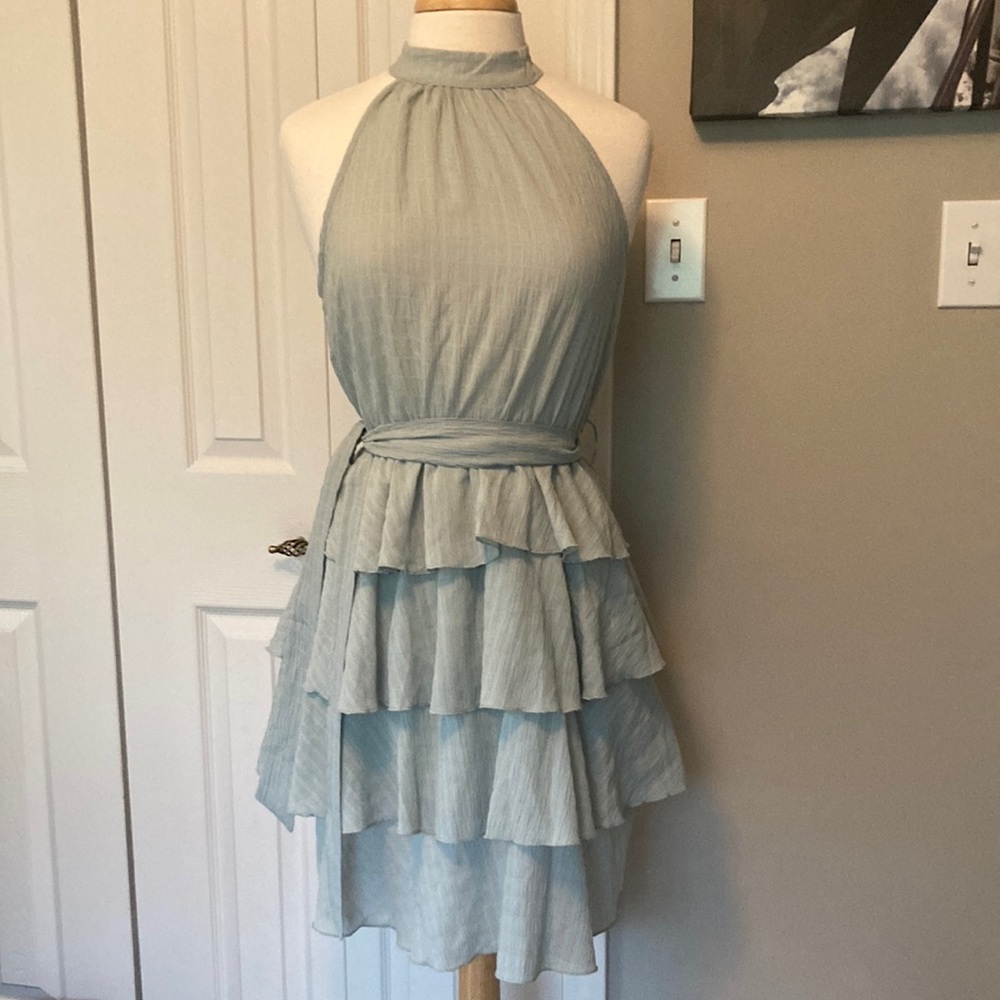Halter Tiered Ruffle Dress in Light Blue